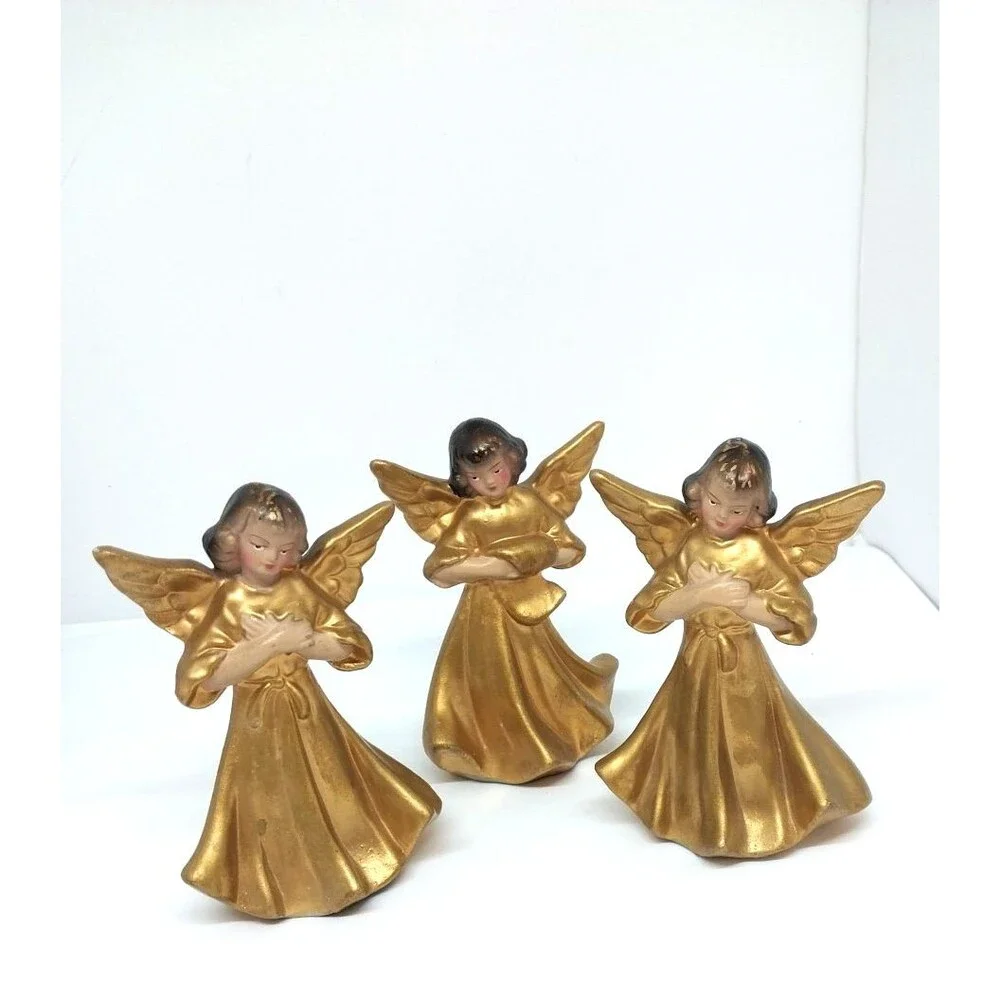 Vintage Set of 3 Christmas Angel Figurines Japan MCM Metallic Gold Hand Painted